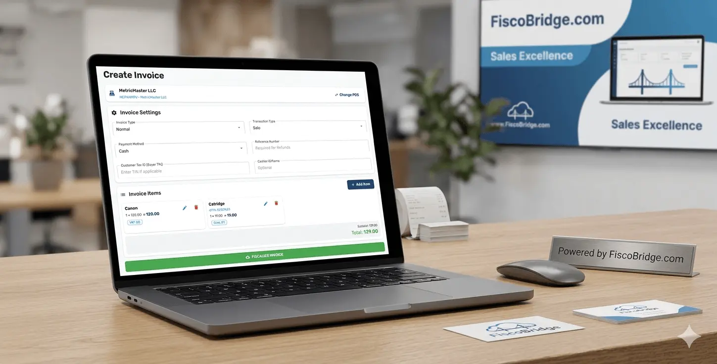 FiscoBridge Cloud POS desktop interface — create and fiscalize invoices from any browser