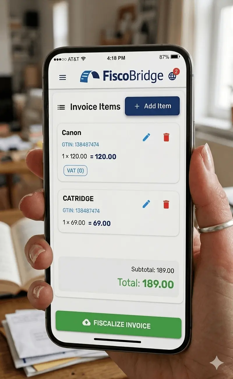 FiscoBridge Cloud POS mobile interface showing fiscal invoice creation