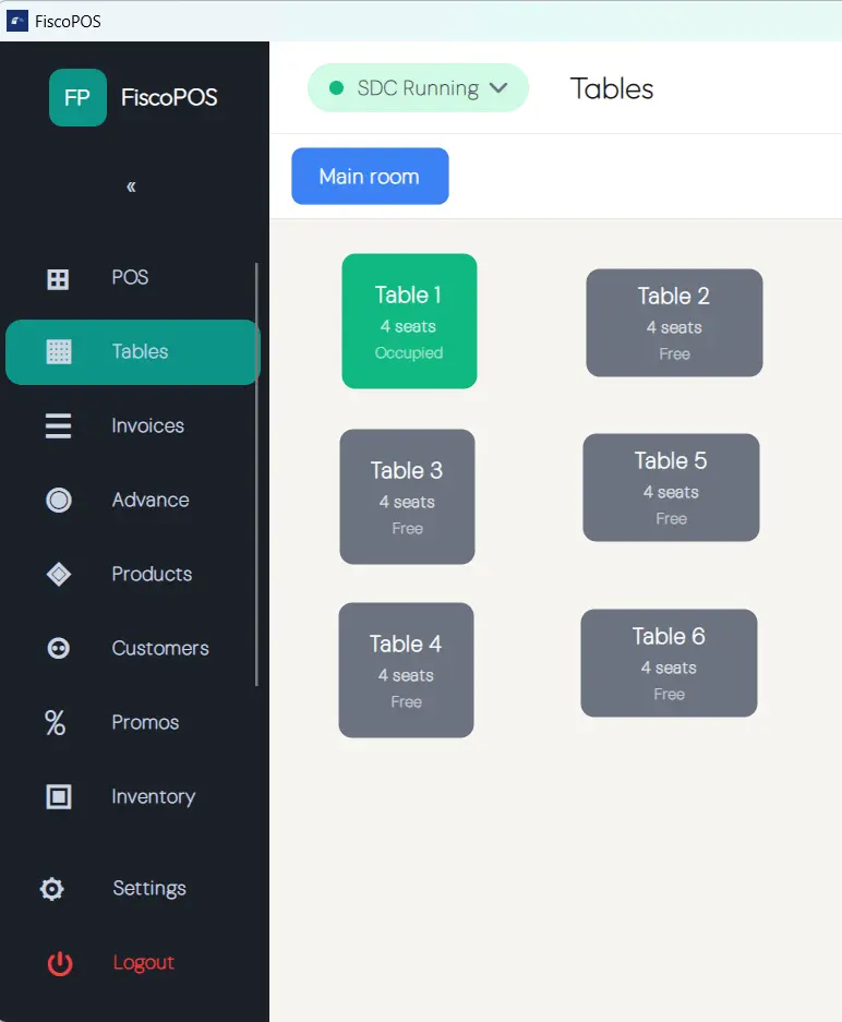FiscoBridge Desktop POS restaurant floor plan and table management view