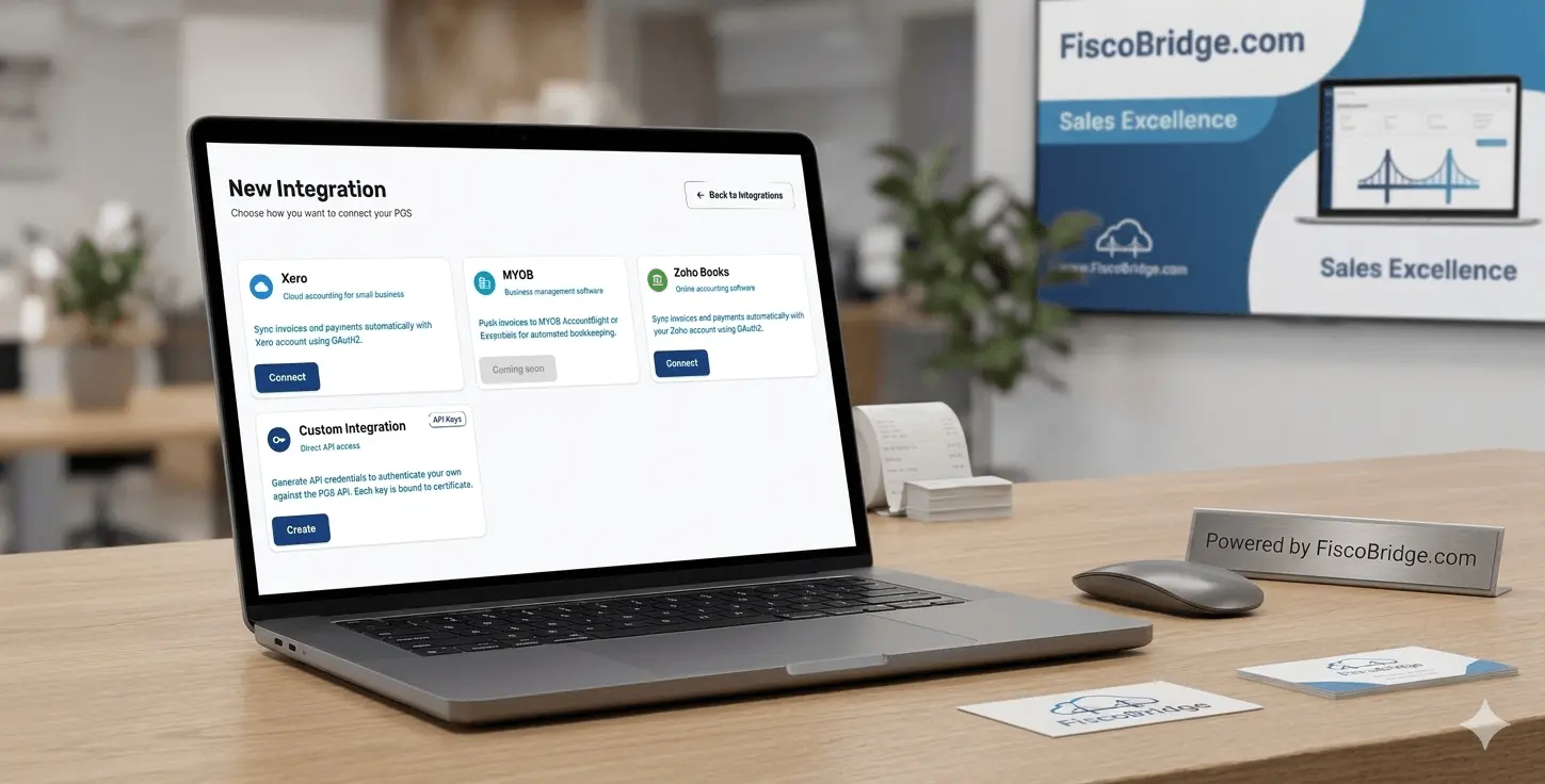 FiscoBridge Integrations dashboard — automatic invoice fiscalization for Xero, MYOB, and Zoho Books