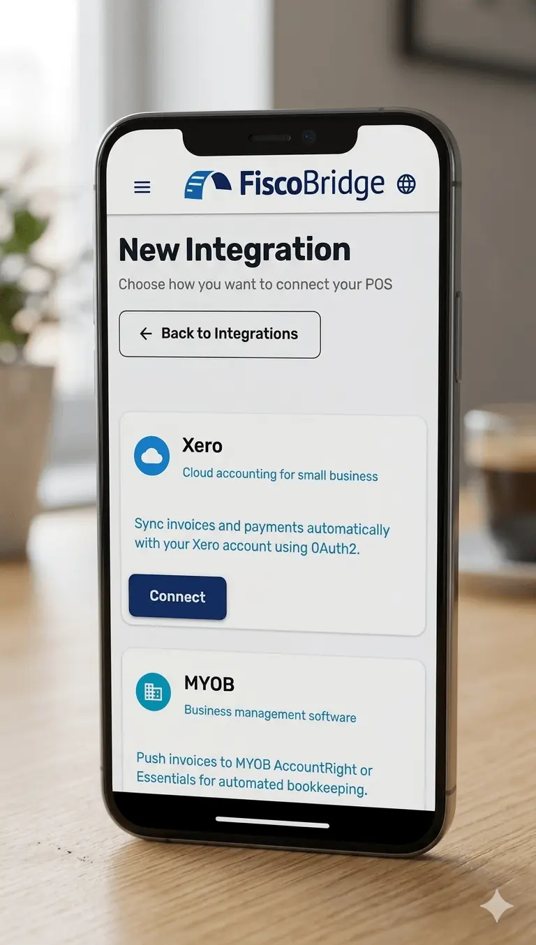 FiscoBridge Integrations mobile view — fiscal compliance on any device